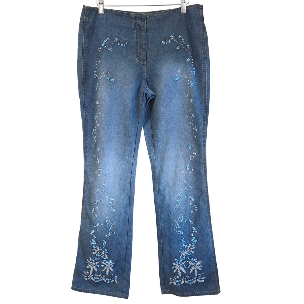I.N.C. Vintage Beaded Boho Denim Jeans Blue Mid Wash Flare Leg Boho Y2K Sz 10